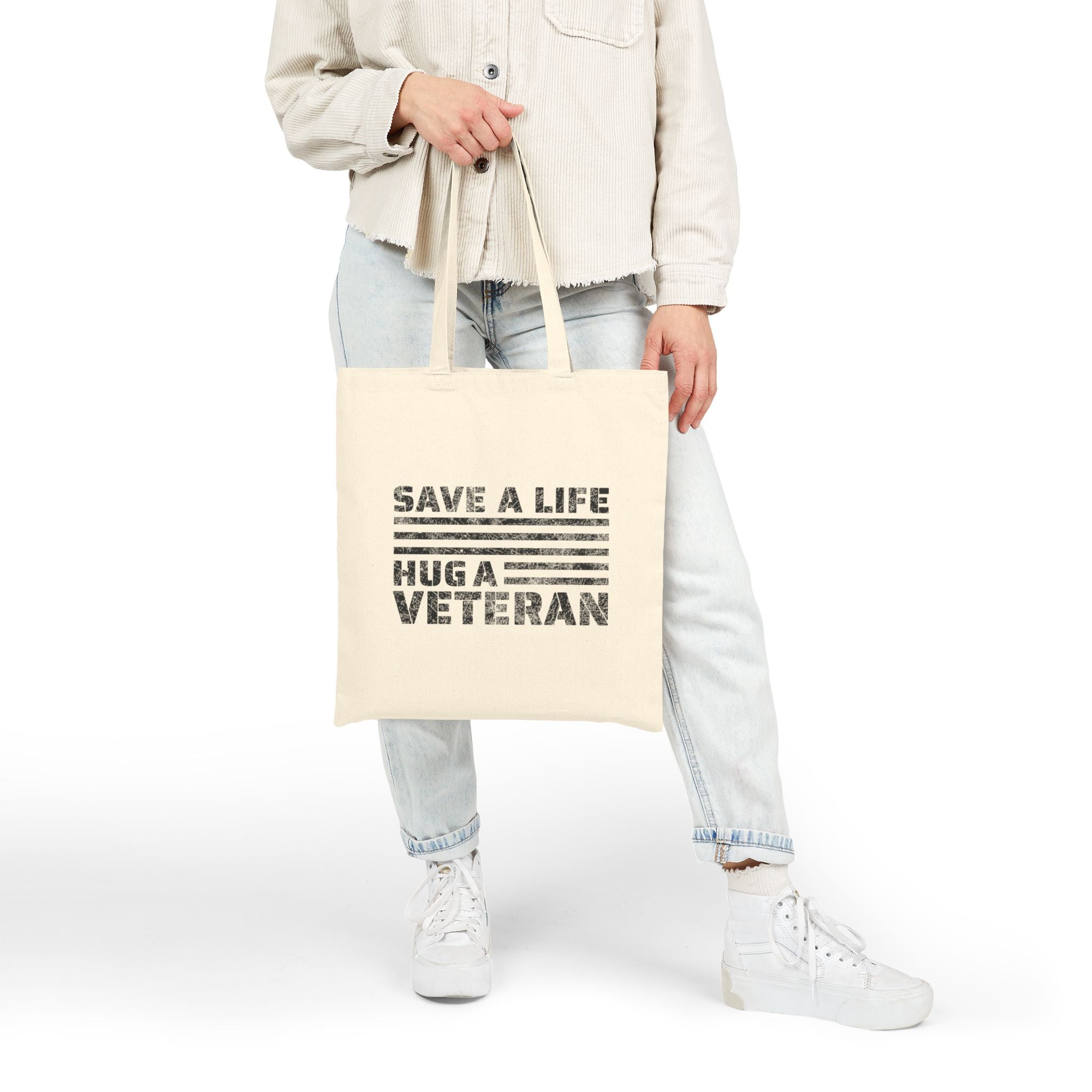 Save A Life; Hug A Veteran - Natural 100% Cotton Tote Bag