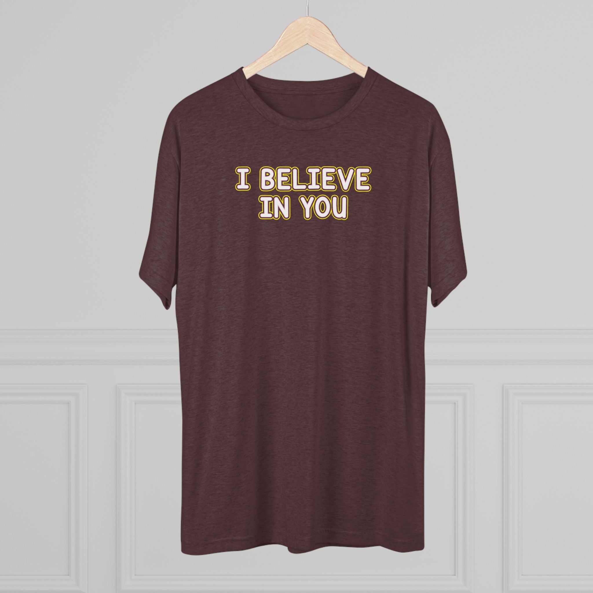 I BELIEVE IN YOU Yellow/Purple Outline Tri-Blend T-Shirt
