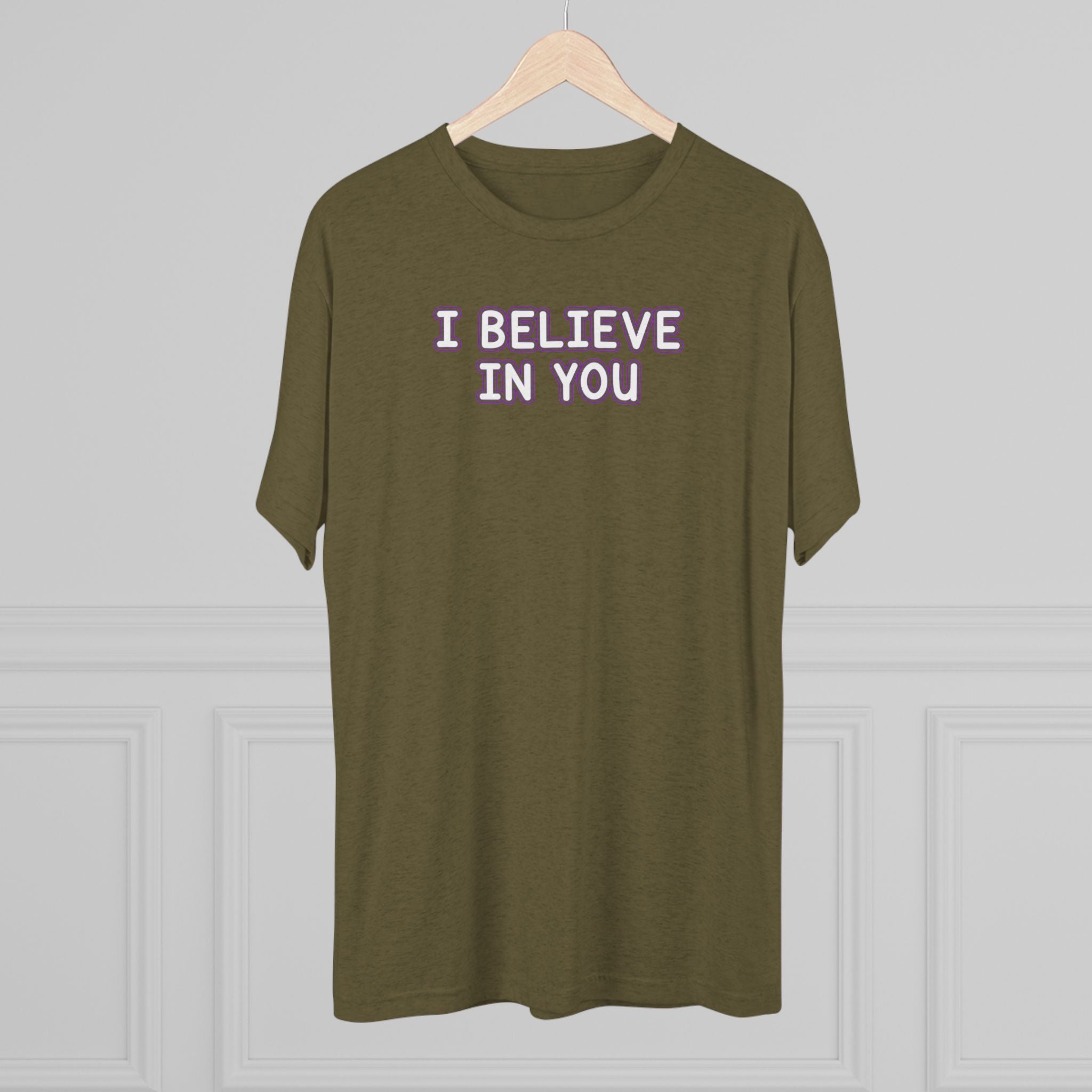 I BELIEVE IN YOU Yellow/Purple Outline Tri-Blend T-Shirt