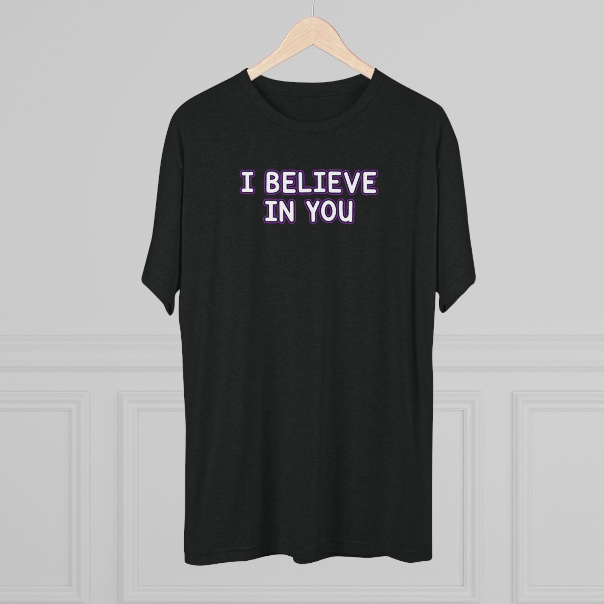 I BELIEVE IN YOU Yellow/Purple Outline Tri-Blend T-Shirt