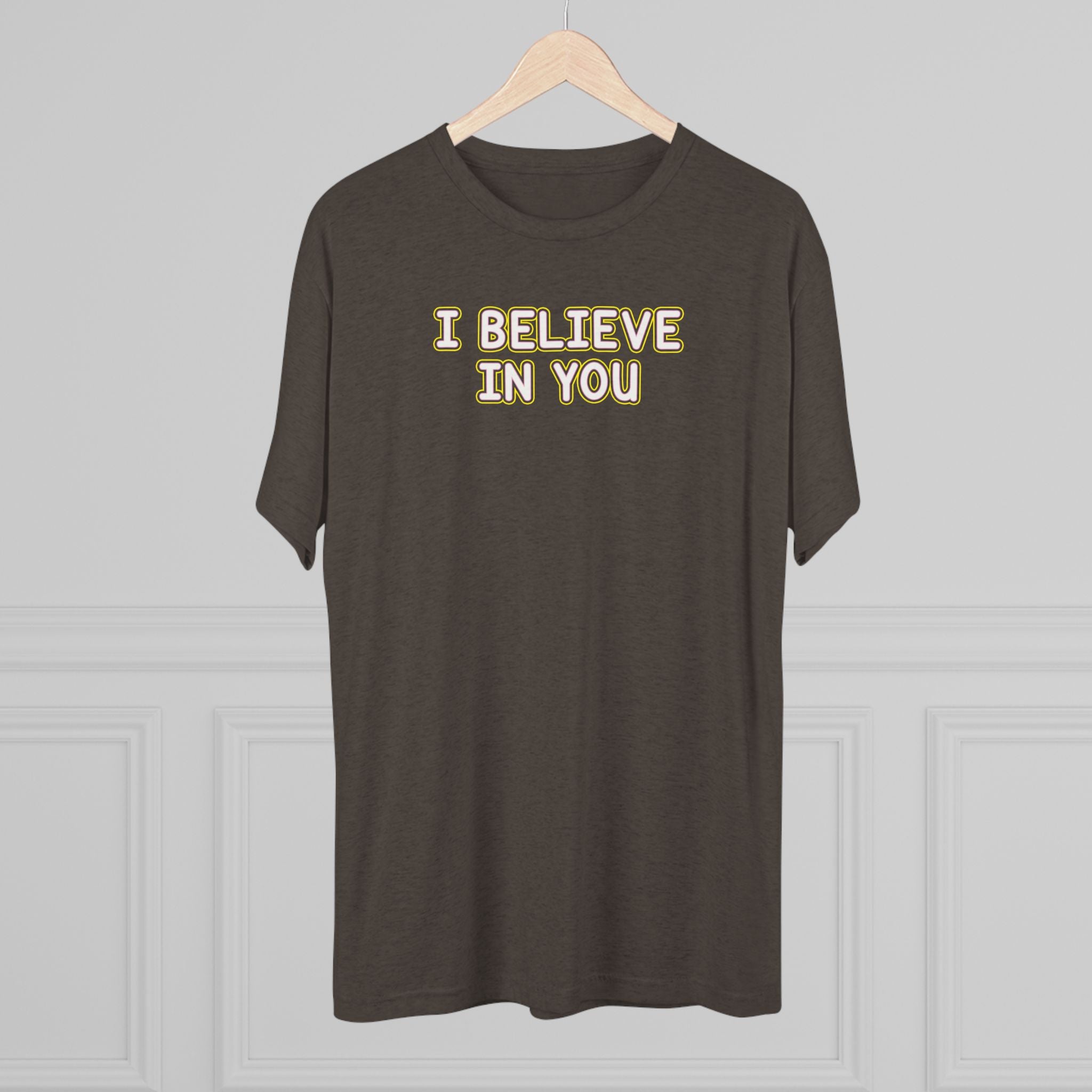 I BELIEVE IN YOU Yellow/Purple Outline Tri-Blend T-Shirt